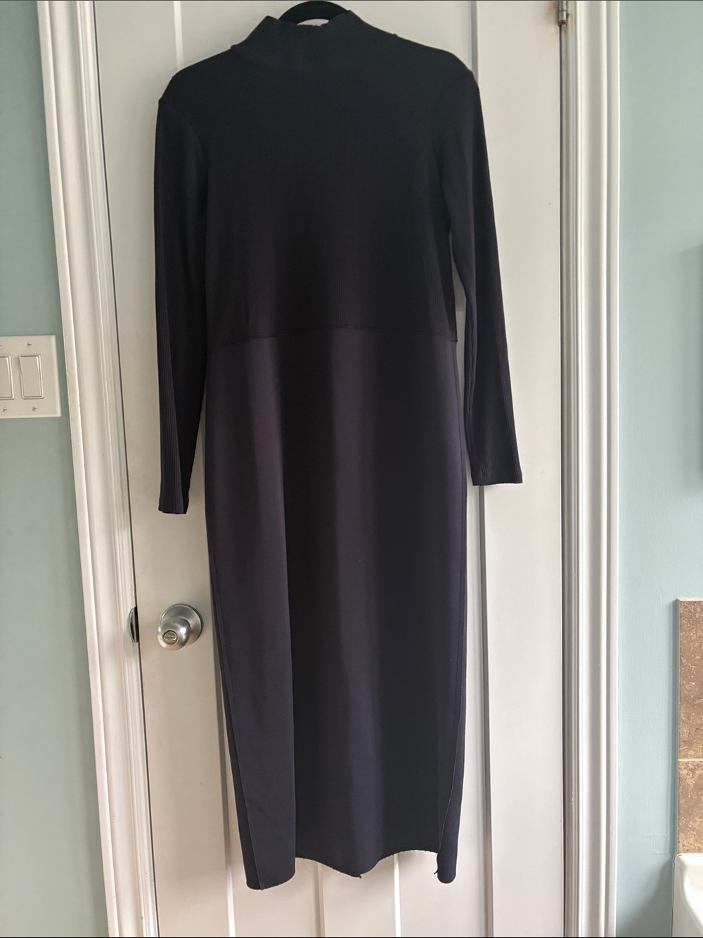 Zara Navy Long-Sleeve Mixed Media Midi Dress